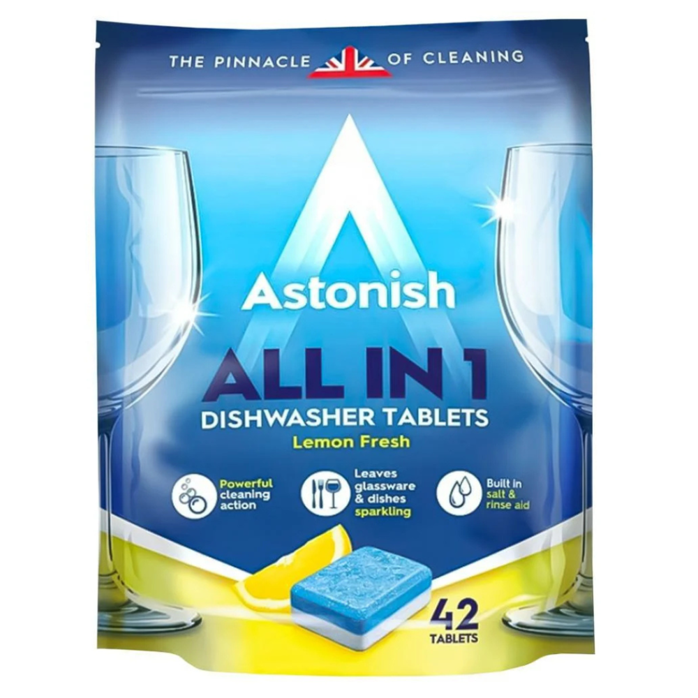 Indaplovių tabletės „Dishwasher tablets Astonish“. Valikliai. Astonish indaplovių tabletės, sukurtos galingam valymui ir nepriekaištingiems rezultatams, paliekant indus blizgančius švarius.