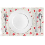 Stalo padėkliukai „Hearts placemat“ 1 vnt.. Lininės staltiesės, 30x45 cm. Mielas stalo padėklas su raudonų širdžių ir romantinėmis iliustracijomis.