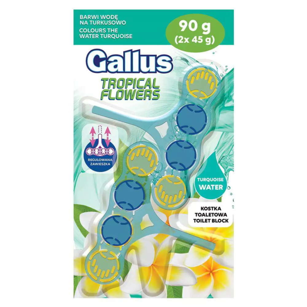 Tualeto gaiviklis „Tropical Flowers Gallus“. Valikliai. Tualeto blokelis su tropinių gėlių kvapu, skirtas gaivinti ir valyti jūsų tualetą, paliekant malonų egzotišką kvapą.