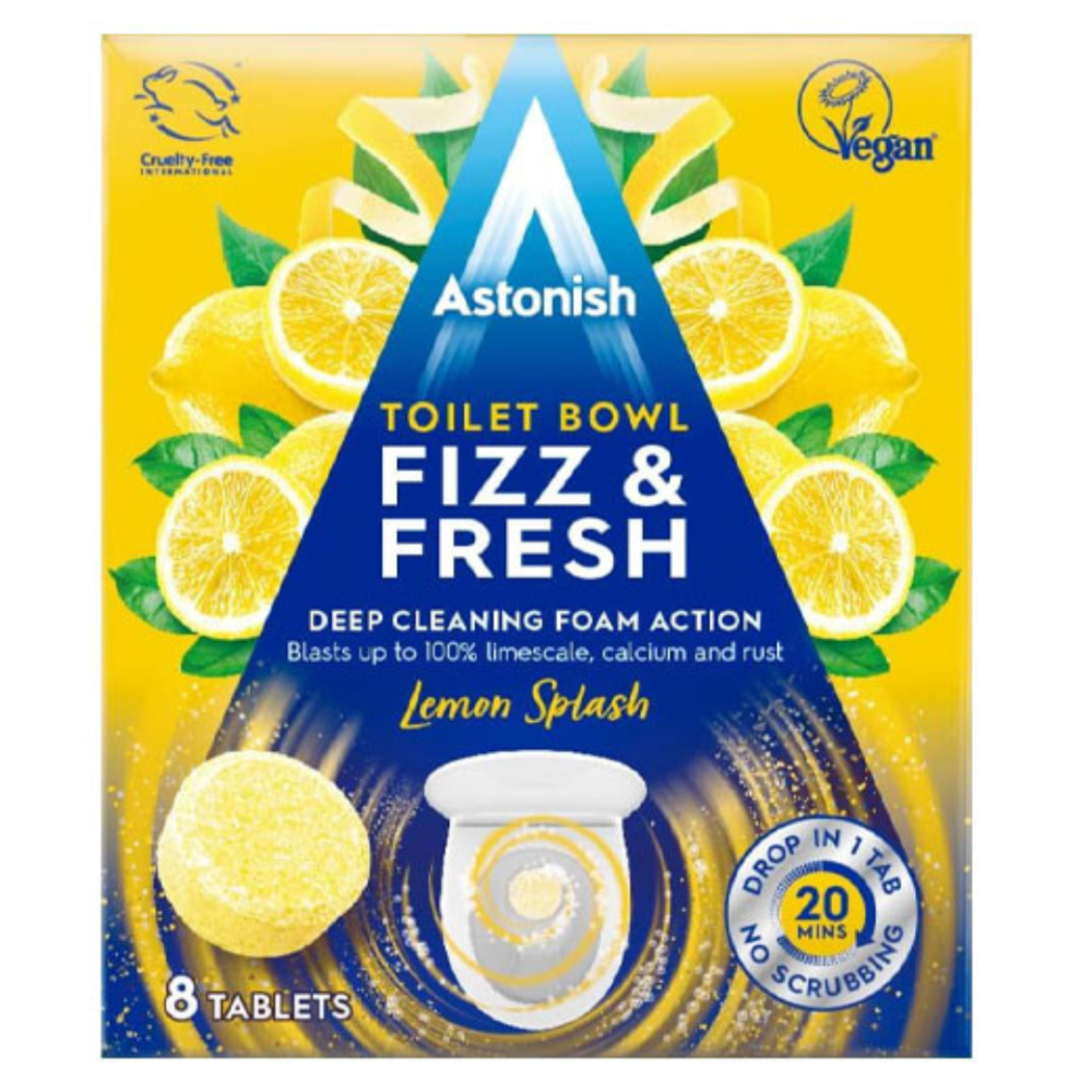 Tualeto tabletės „Lemon splash Astonish“. Valikliai. Tualeto tabletės su citrinų kvapu, užtikrinančios švarą ir gaivą tualete.